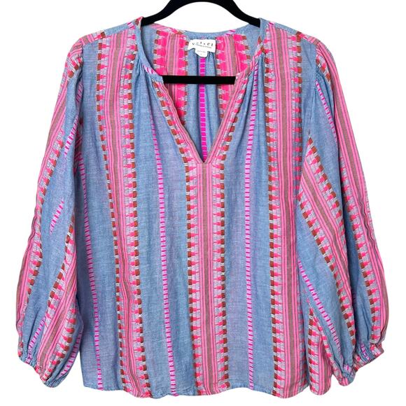 Velvet by Graham & Spencer Isla Jacquard V-Neck Boho Top 3/4 Sleeve Blouse Large - Picture 2 of 8